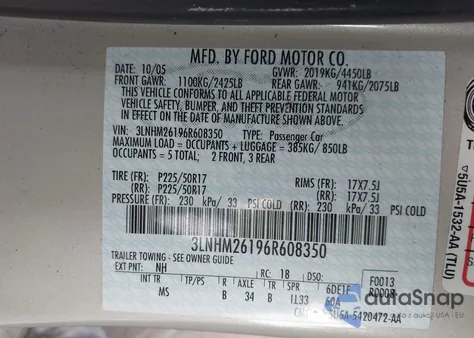 2006 Lincoln Zephyr from USA, damaged, VIN 3LNHM26196R608350